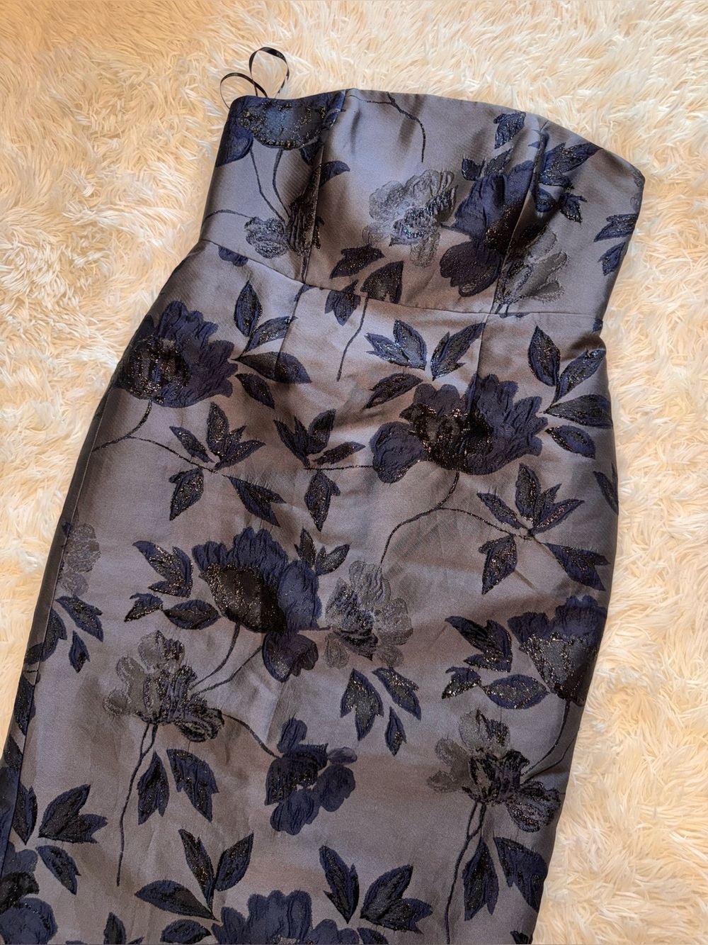 NEW Alfred Sung Metallic Floral Jacquard black navy Strapless Sheath Gown Sz 16 - Picture 5 of 9
